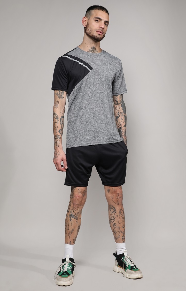 Men's Charcoal Grey and Jet Black Colourblock Activewear T-Shirt