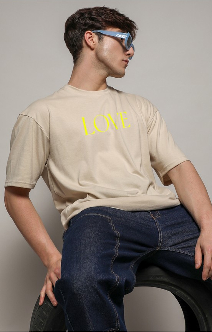 Men's Pale Yellow Printed Oversized T-Shirt
