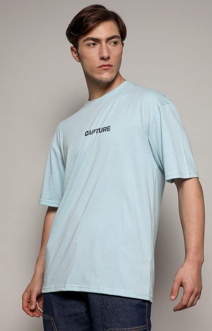 Men's Powder Blue Printed Oversized T-Shirt