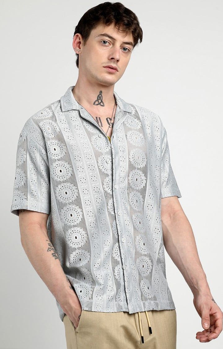 Men's Grey Solid Oversized Shirts