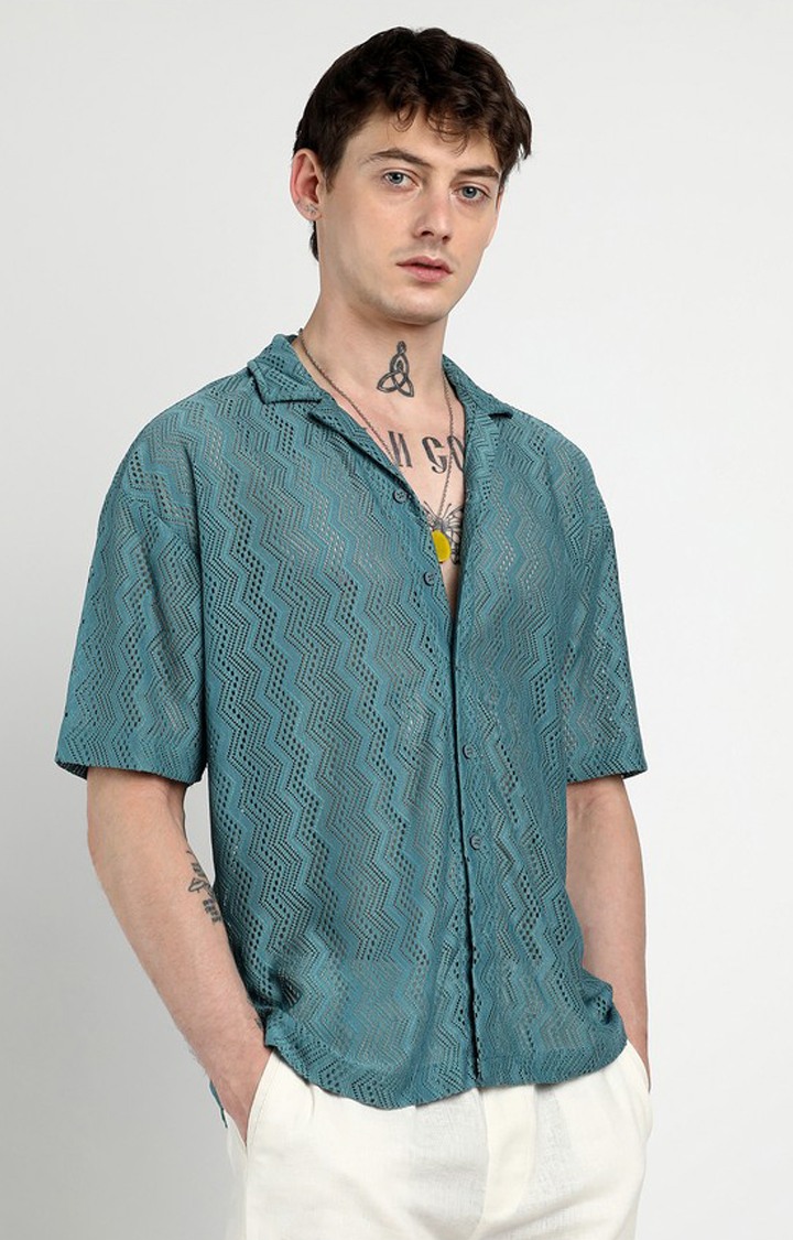 Men's Blue Solid Oversized Shirts
