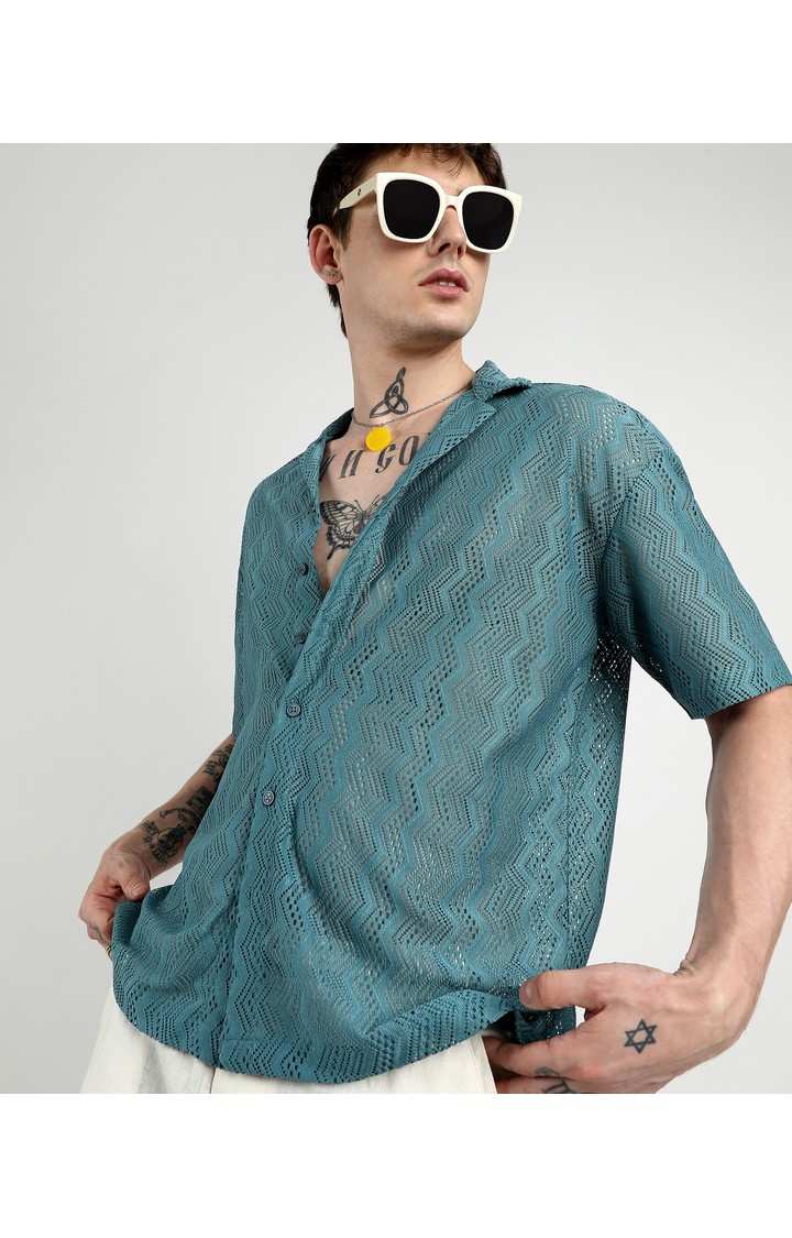 Men's Blue Solid Oversized Shirts