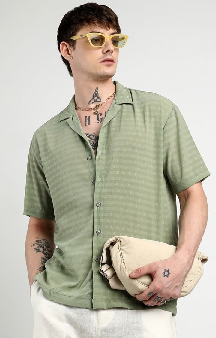 Men's Green Solid Oversized Shirts