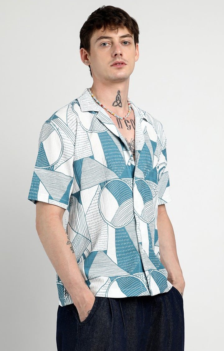 Men's Blue Printed Oversized Shirts