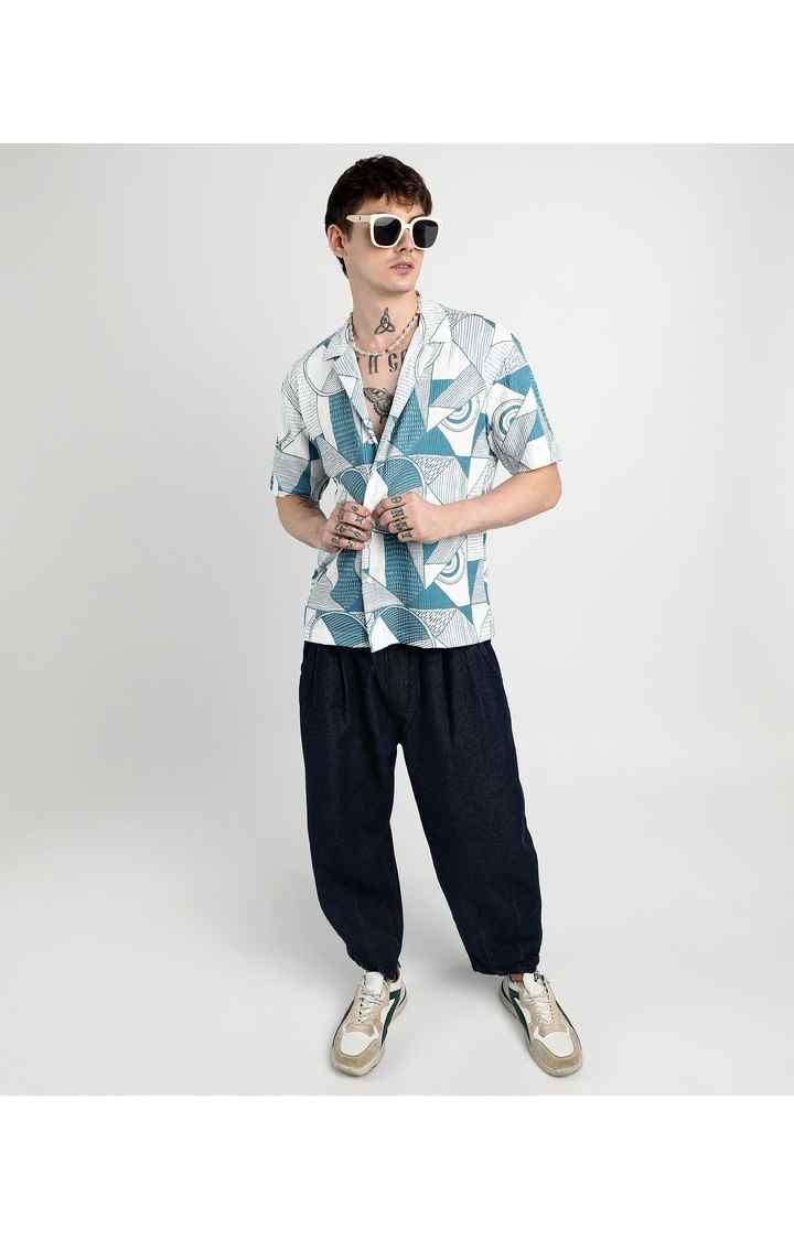 Men's Blue Printed Oversized Shirts