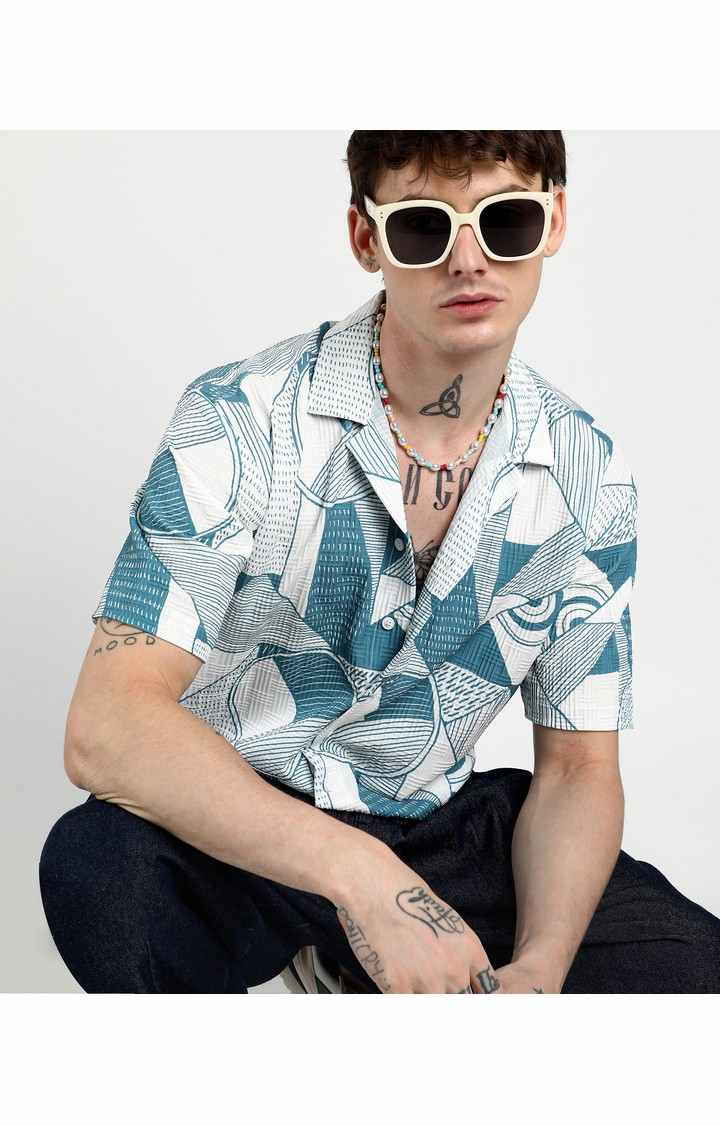 Men's Blue Printed Oversized Shirts