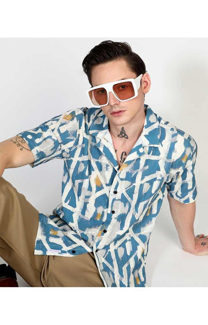 Men's Blue Printed Oversized Shirts
