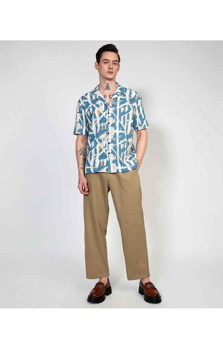 Men's Blue Printed Oversized Shirts