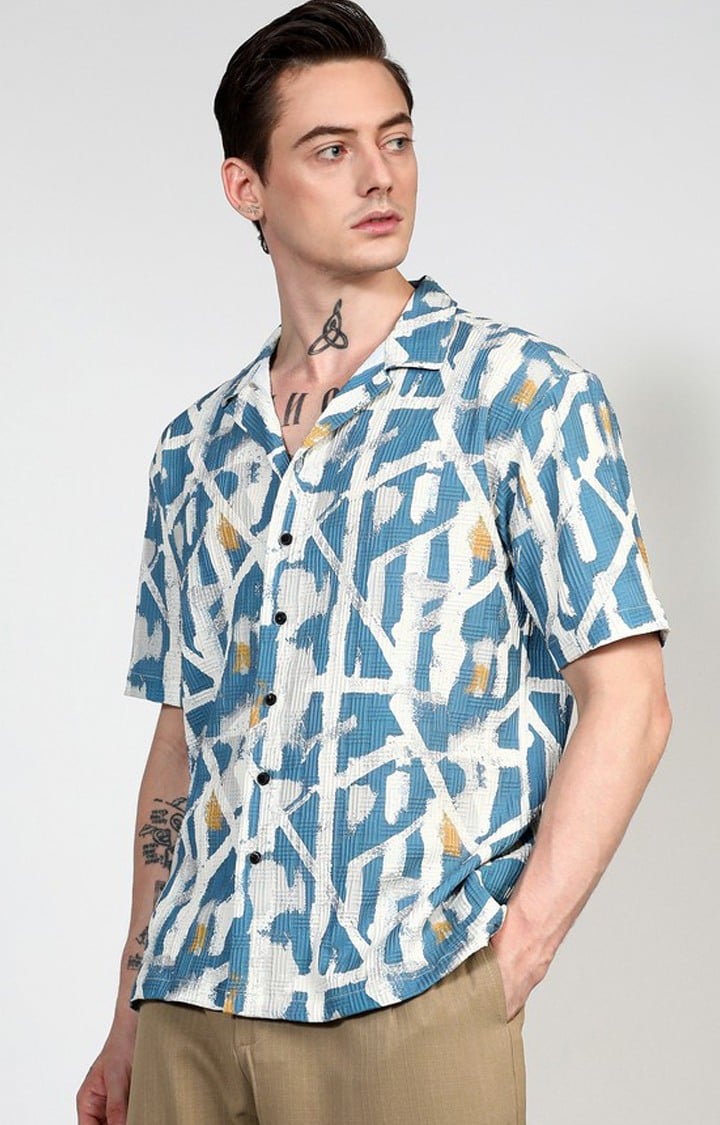 Men's Blue Printed Oversized Shirts
