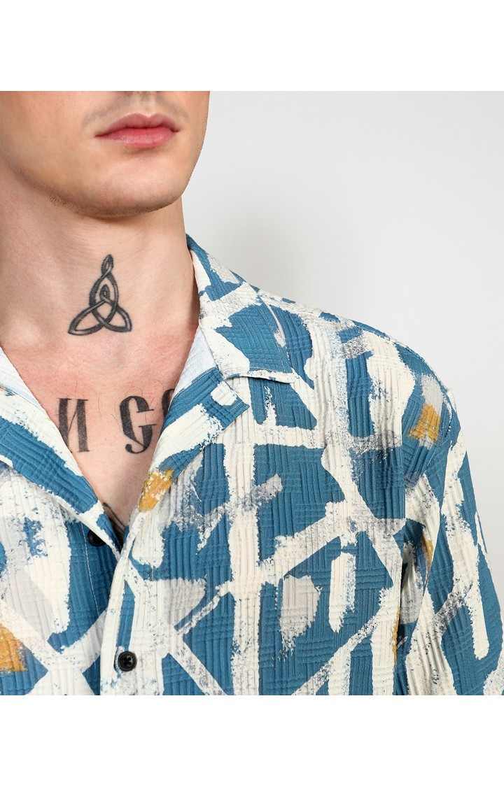 Men's Blue Printed Oversized Shirts