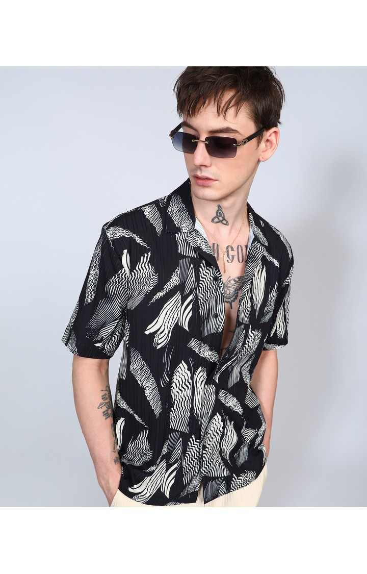 Men's Black Printed Oversized Shirts