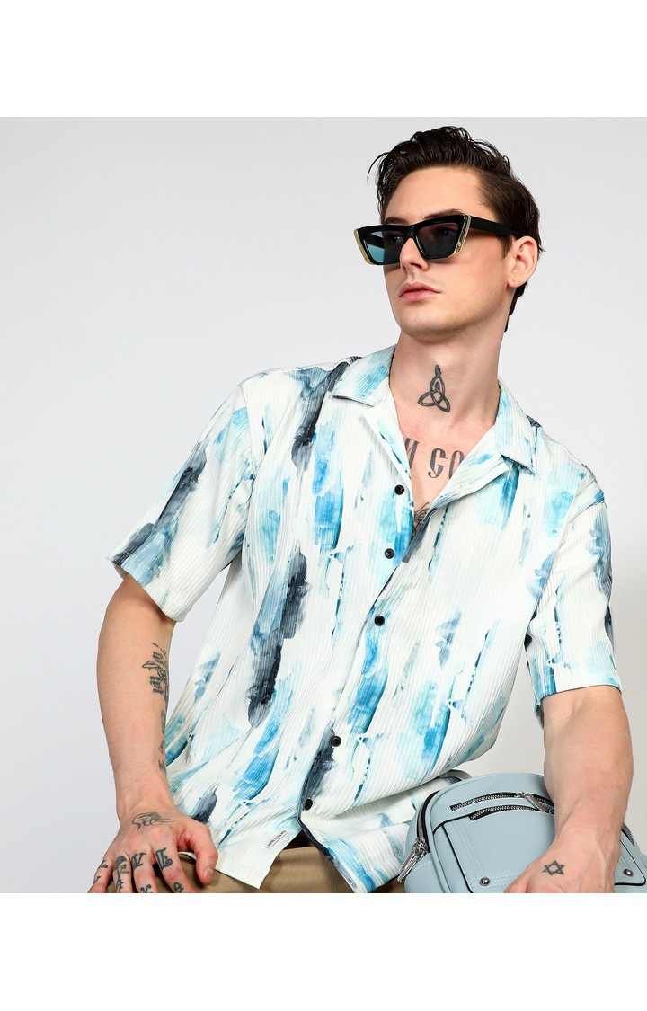 Men's Blue Printed Oversized Shirts