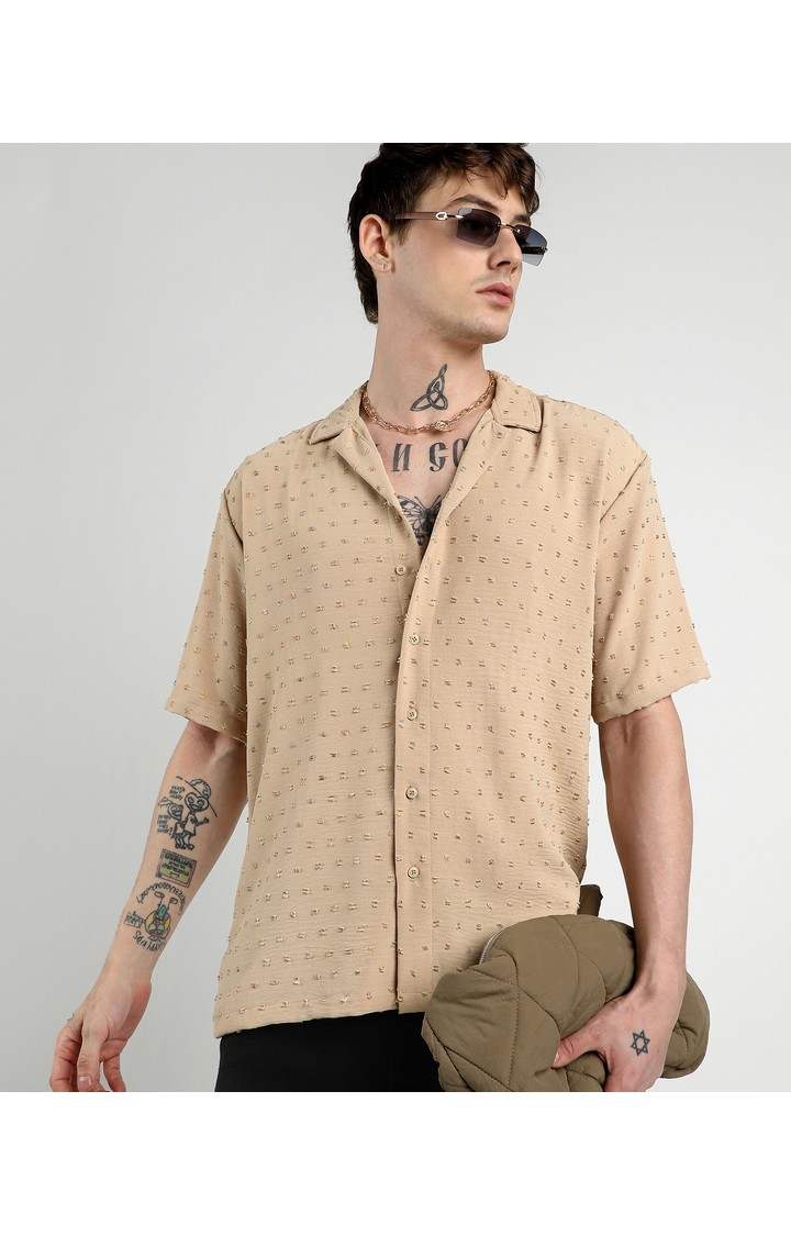 Men's Beige Printed Oversized Shirts