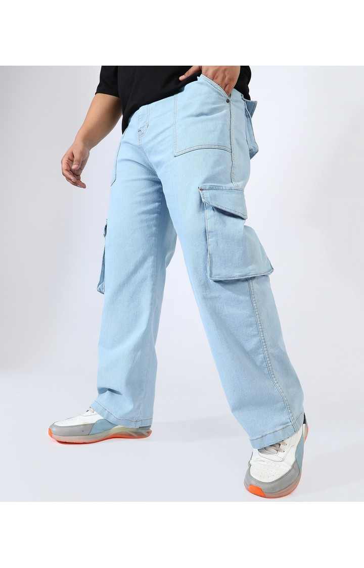 Men's Light Blue Solid Cargos