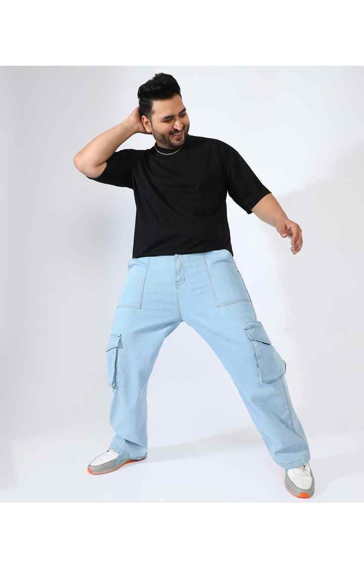 Men's Light Blue Solid Cargos