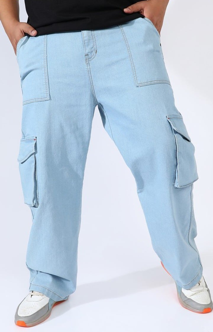 Men's Light Blue Solid Cargos