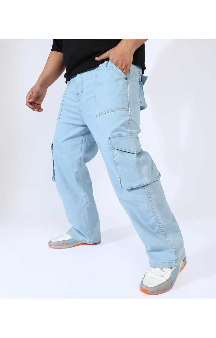 Men's Light Blue Solid Cargos