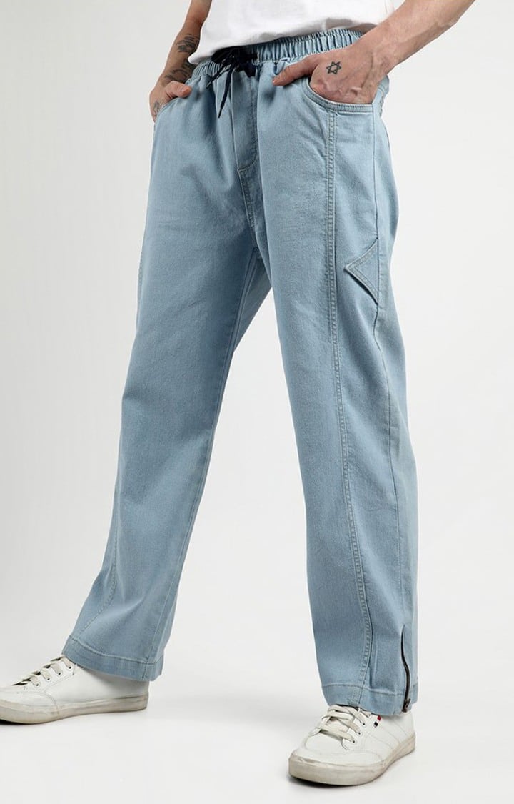 Men's Light Blue Solid Denim Straight Jeans