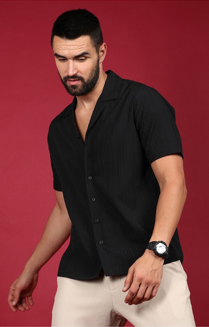 Men's Black Slub Casual Shirts