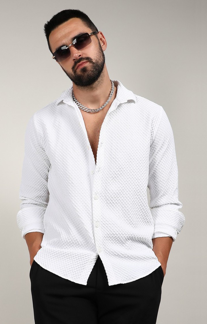 Men's White Textured Casual Shirts