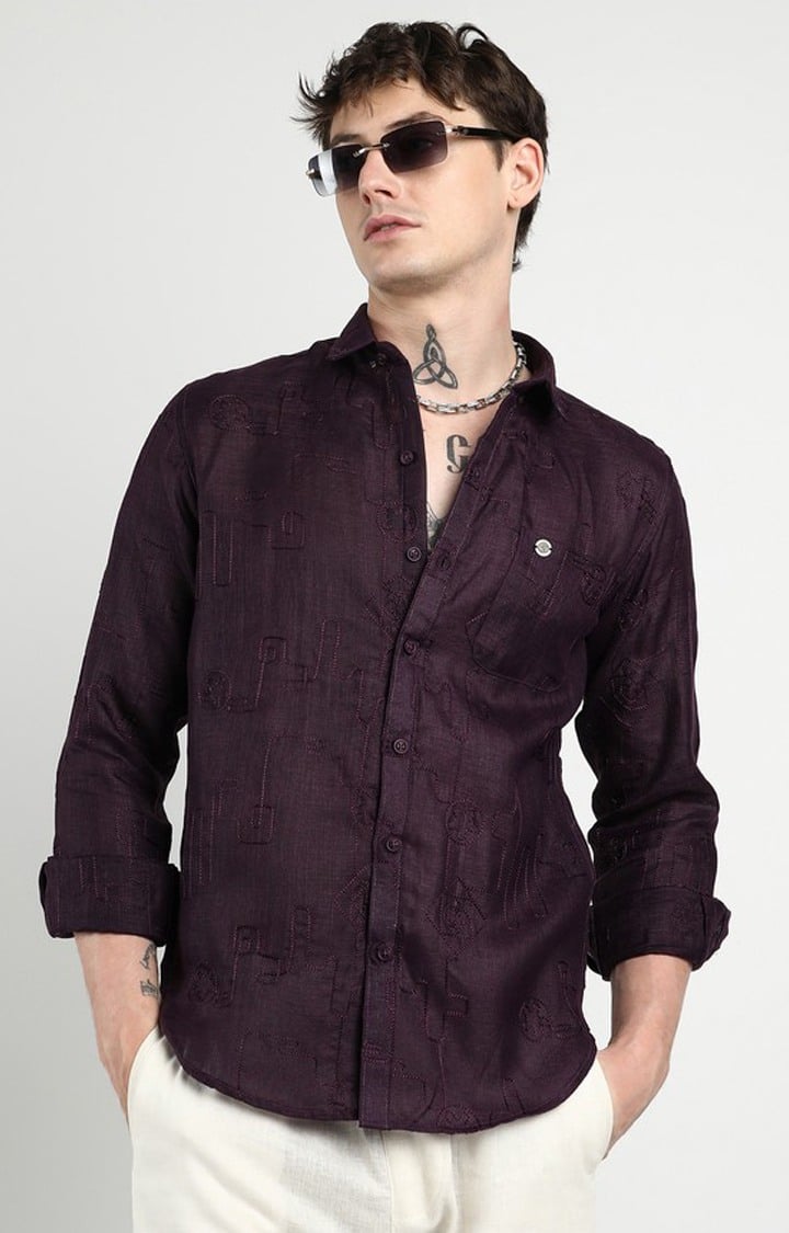 Men's Purple Embroidered Casual Shirts