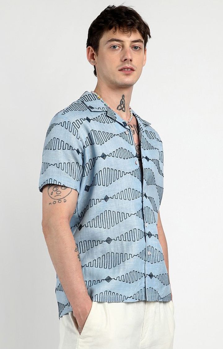Men's Blue Embroidered Casual Shirts