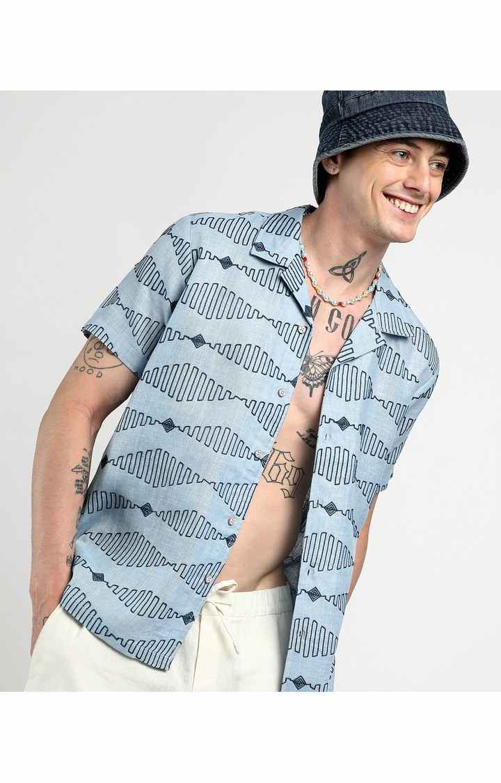 Men's Blue Embroidered Casual Shirts