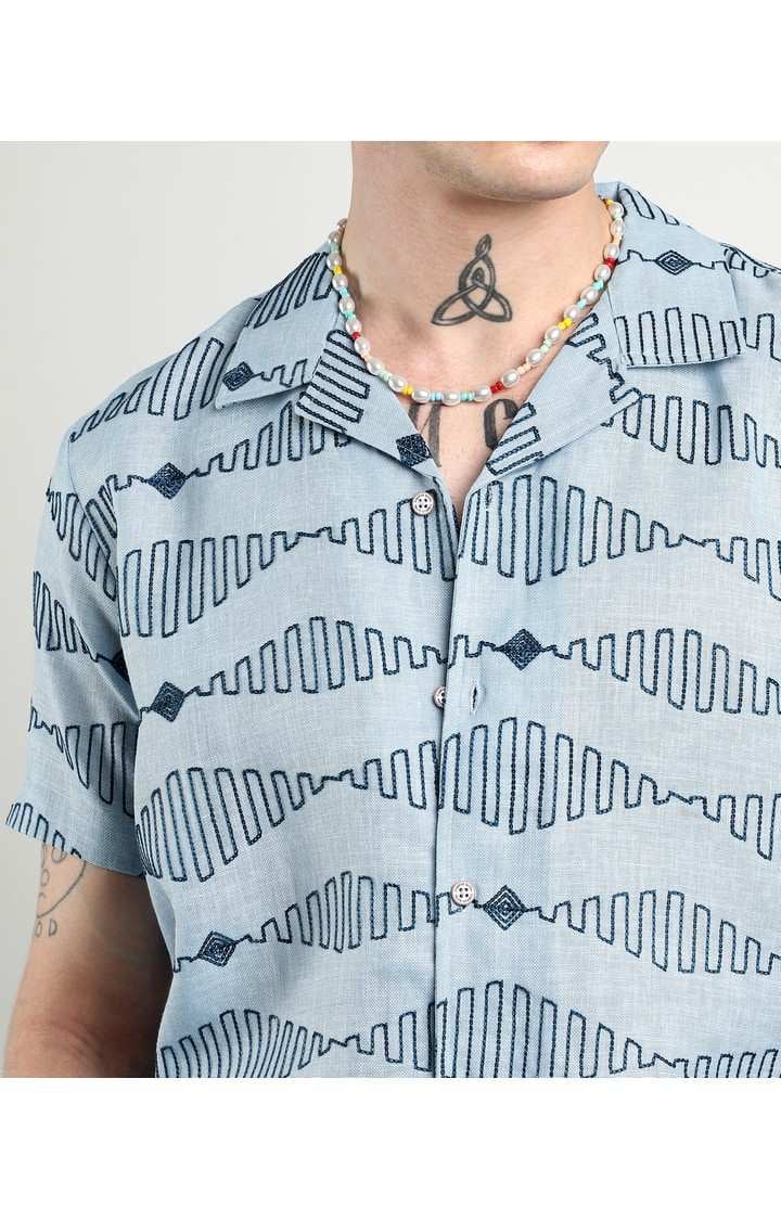 Men's Blue Embroidered Casual Shirts