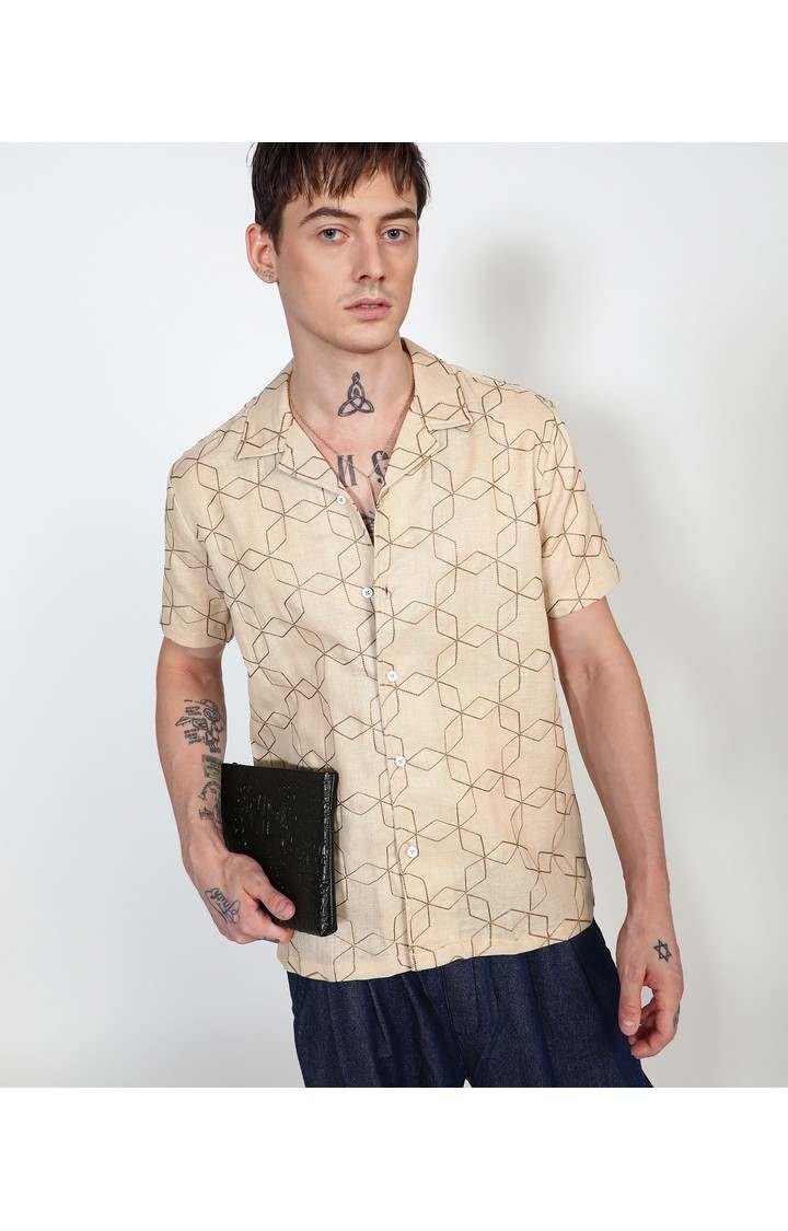 Men's Beige Embroidered Casual Shirts