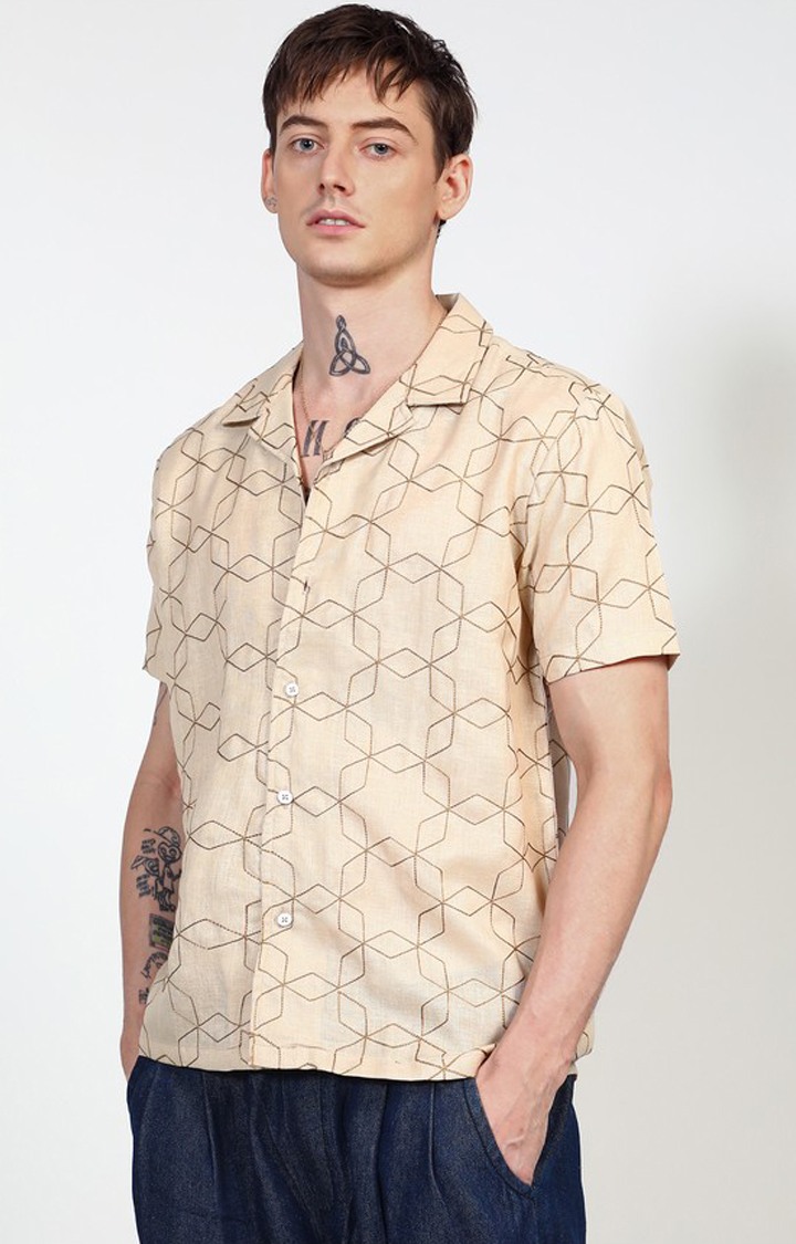 Men's Beige Embroidered Casual Shirts