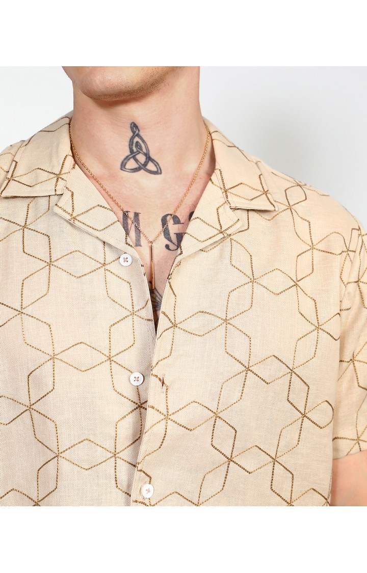 Men's Beige Embroidered Casual Shirts