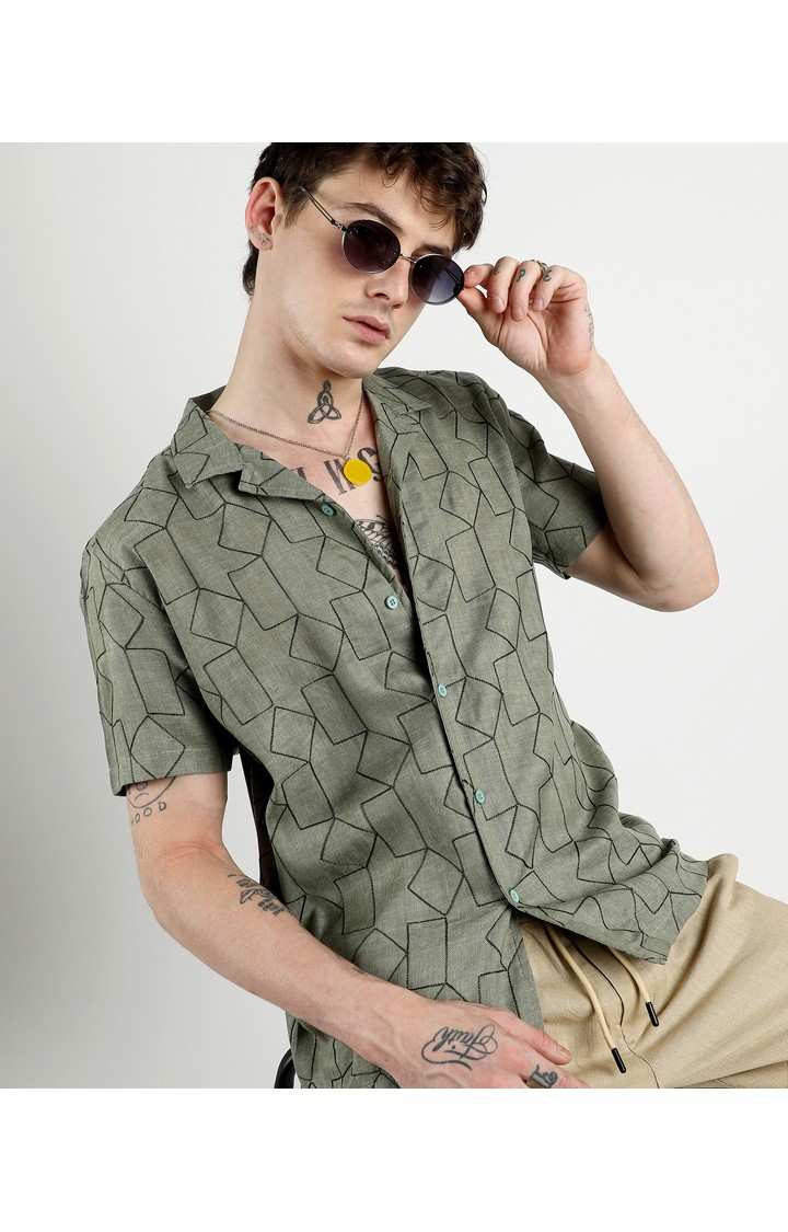 Men's Green Embroidered Casual Shirts