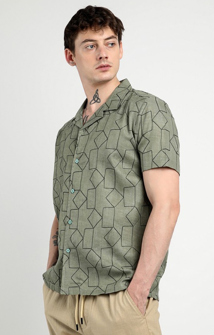 Men's Green Embroidered Casual Shirts
