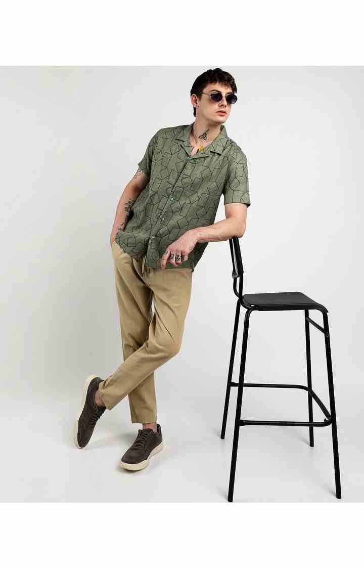 Men's Green Embroidered Casual Shirts