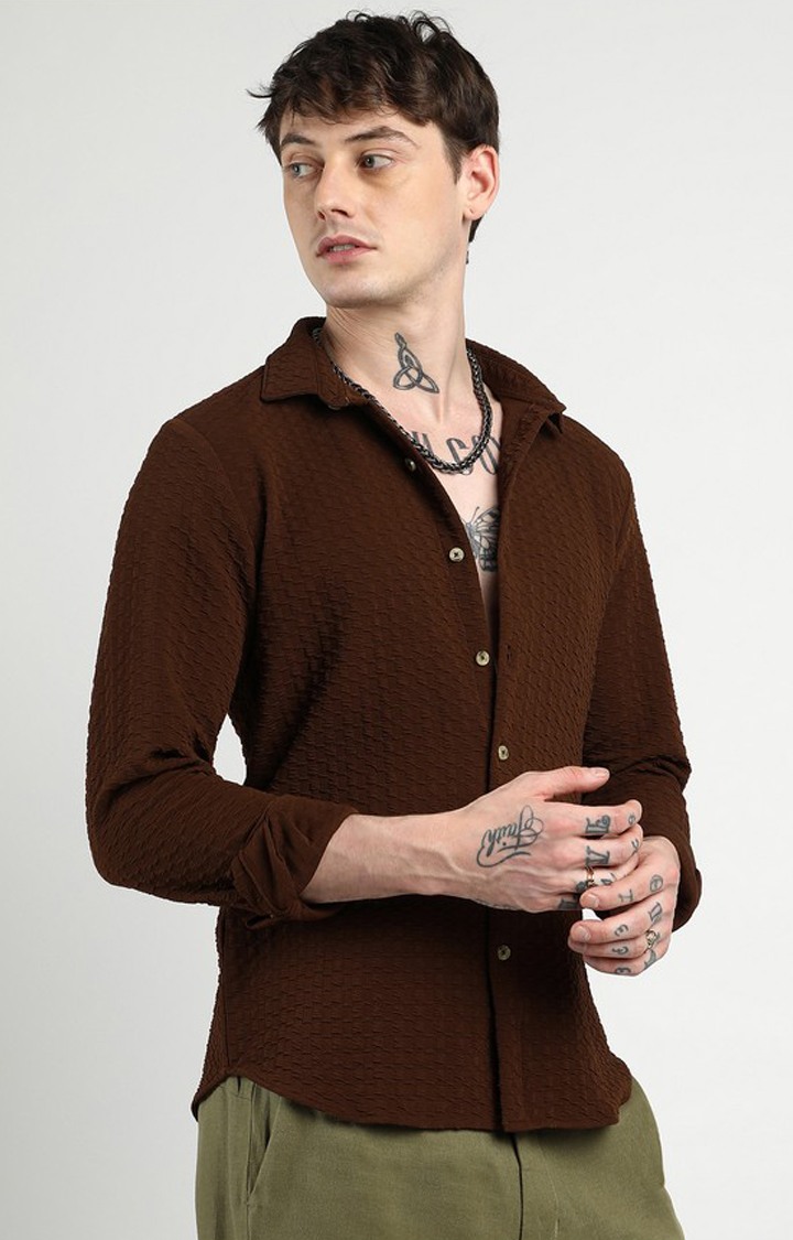 Men's Brown Solid Casual Shirts