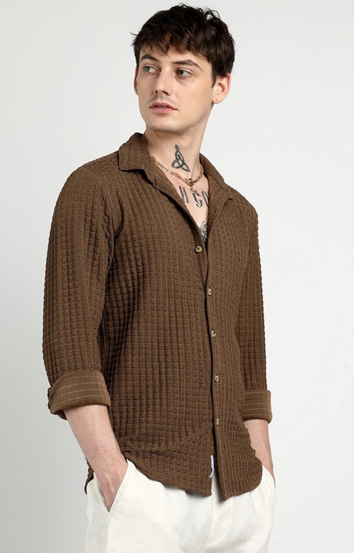 Men's Brown Solid Casual Shirts