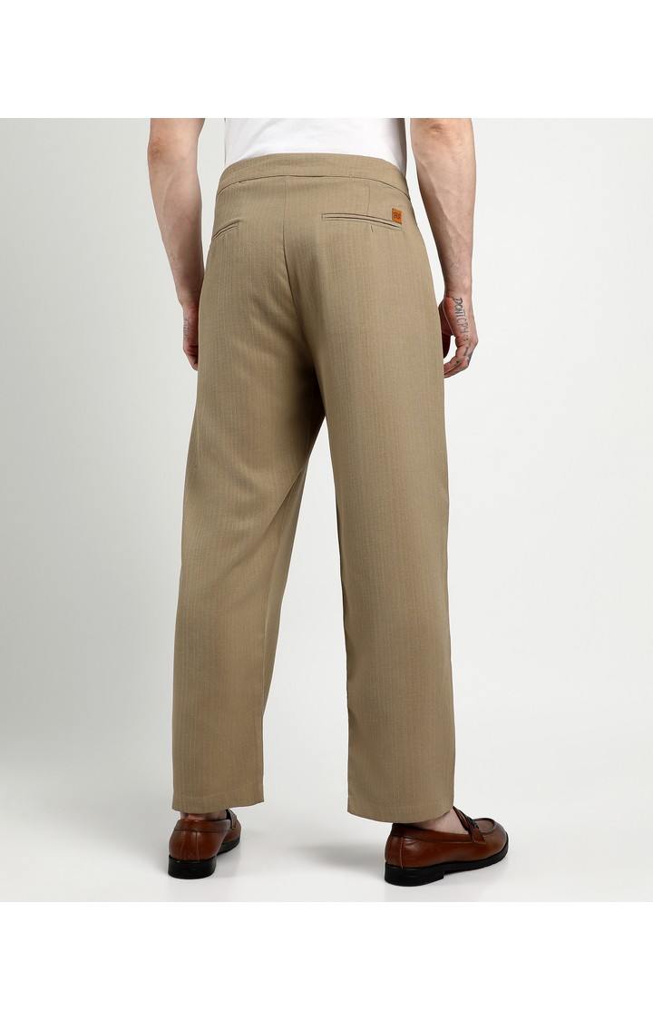 Men's Khaki Brown Solid Polyester Trousers
