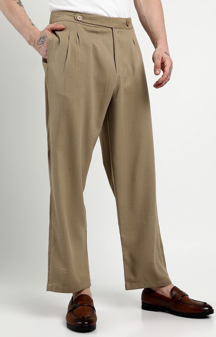 Men's Khaki Brown Solid Polyester Trousers