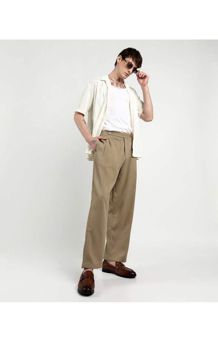 Men's Khaki Brown Solid Polyester Trousers
