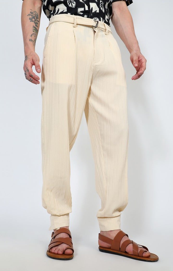 Men's Pale Yellow Solid Polyester Trousers