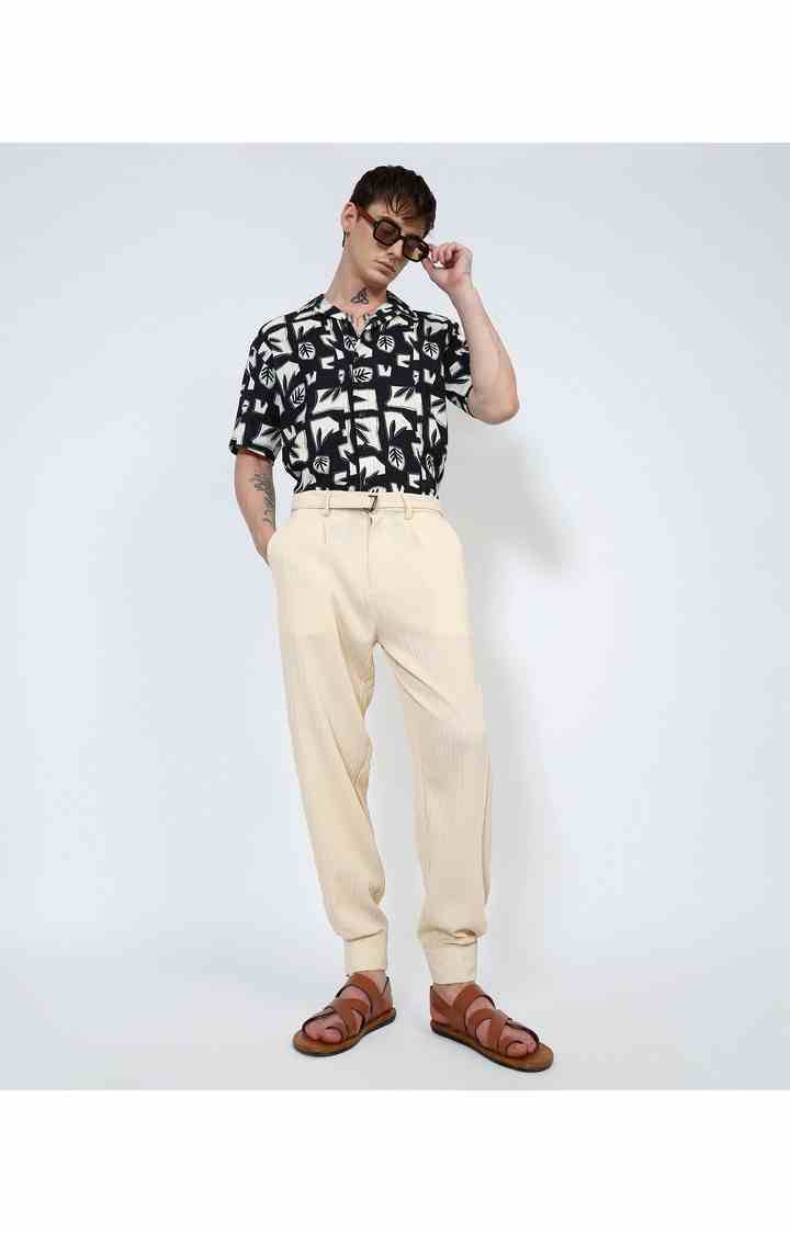 Men's Pale Yellow Solid Polyester Trousers