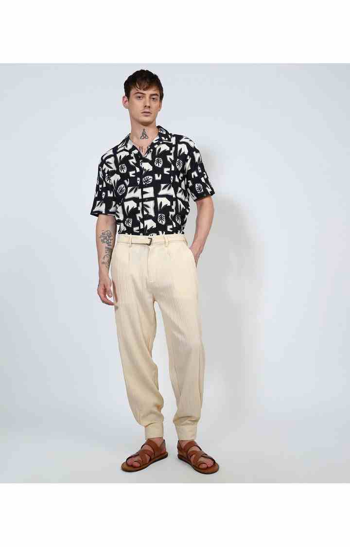 Men's Pale Yellow Solid Polyester Trousers