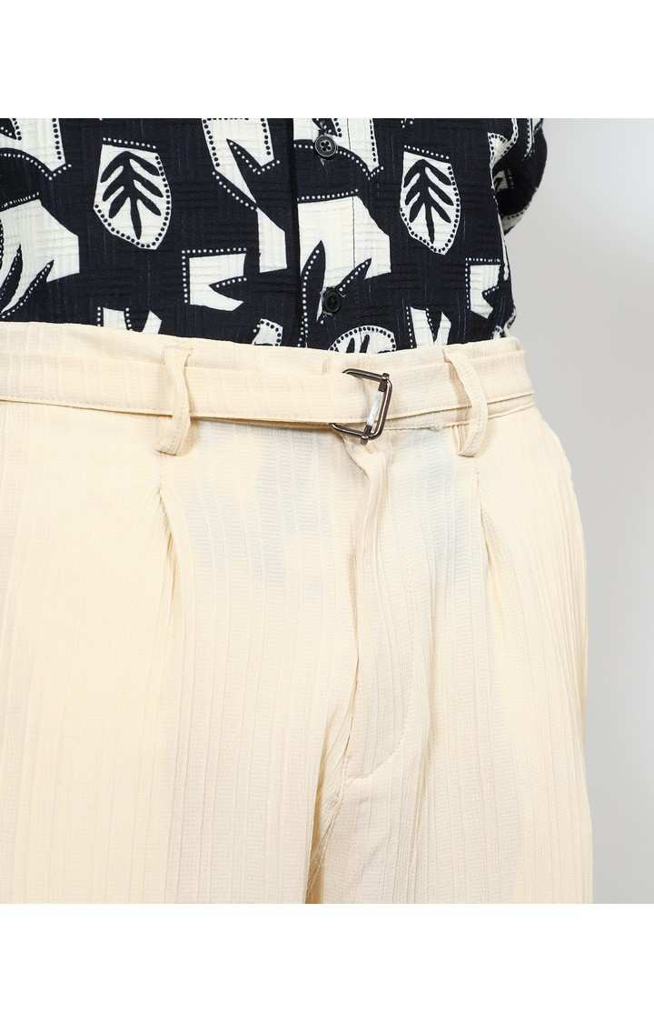 Men's Pale Yellow Solid Polyester Trousers