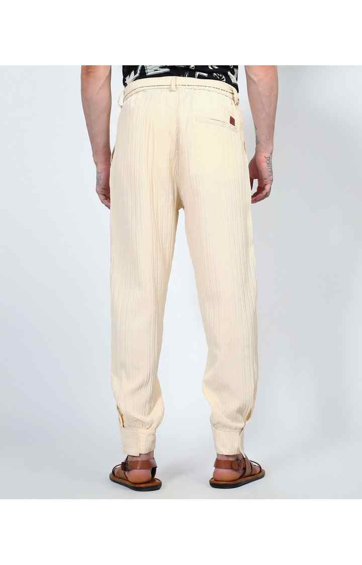 Men's Pale Yellow Solid Polyester Trousers