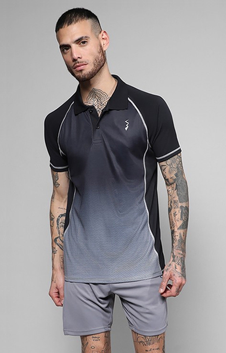 Men's Black and Grey Colourblock Activewear T-Shirt