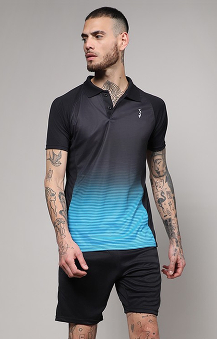 Men's Jet Black and Sky Blue Colourblock Activewear T-Shirt