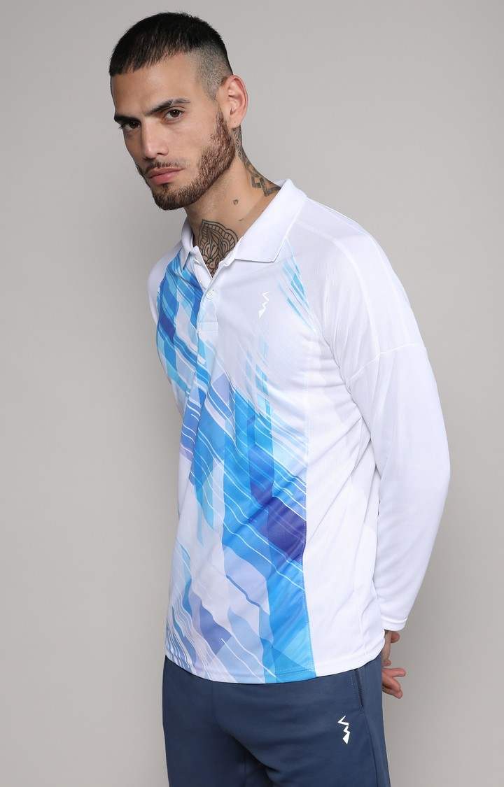 Men's White and Blue Printed Activewear T-Shirt