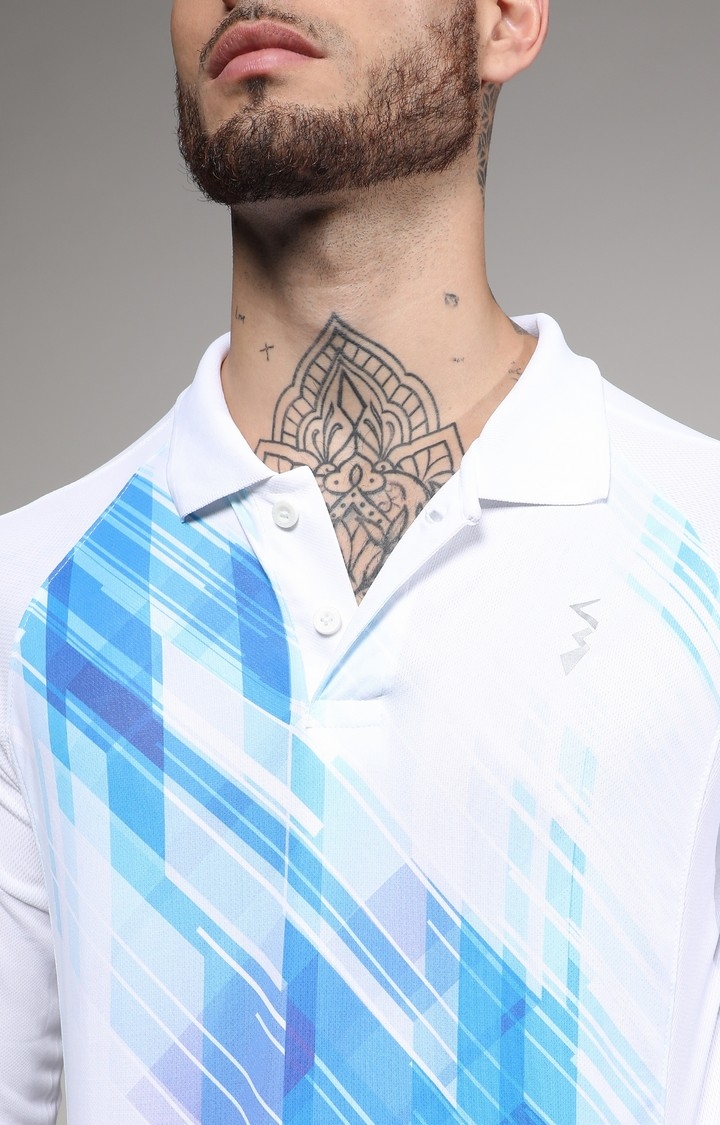 Men's White and Blue Printed Activewear T-Shirt