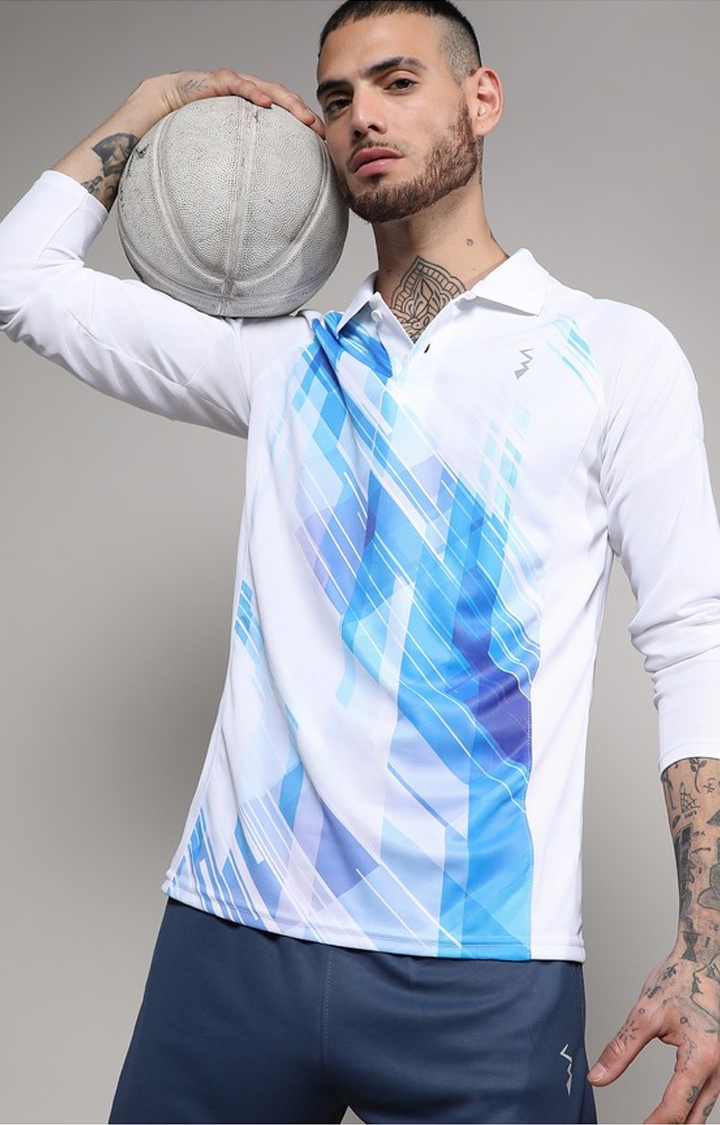 Men's White and Blue Printed Activewear T-Shirt