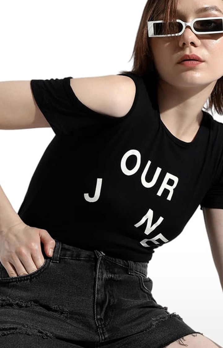 Women's Black Cotton Typographic Printed Crop Top